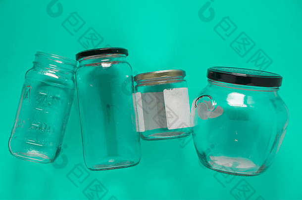 孤立的玻璃罐子铺设平中心蒂尔薄荷绿色背景回收程序运动图像分类前视图容器