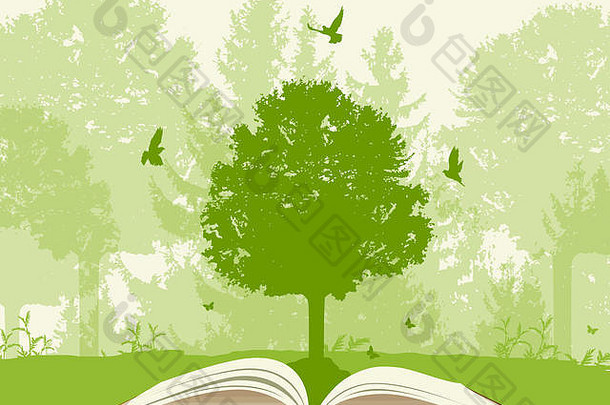 开放书绿色树鸟生态概念