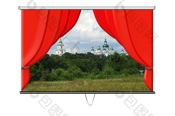 屏幕红色的窗帘美丽的风景教堂自然