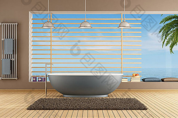 现代浴室蓝色的浴缸大窗口呈现