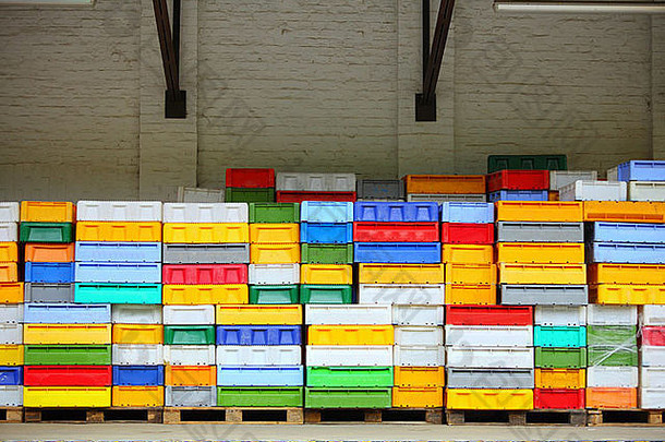 色彩斑斓的盒子塑料板条箱包装容器桩鱼存储抓