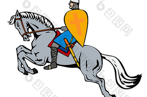 插图十字军战士骑士护甲盾骑马马背上的孤立的白色背景复古的风格