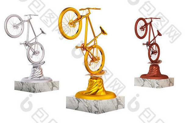 山自行车黄金银青铜奖杯大理石基地白色背景