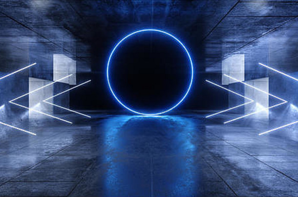 未来主义的圆黑暗sci箭头形状的霓虹灯灯紫色的蓝色的未来主义的发光的三角形混凝土难看的东西空宇宙飞船隧道房间虚拟中青文
