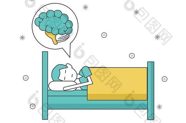 男人。睡觉床上演讲泡沫大脑图标