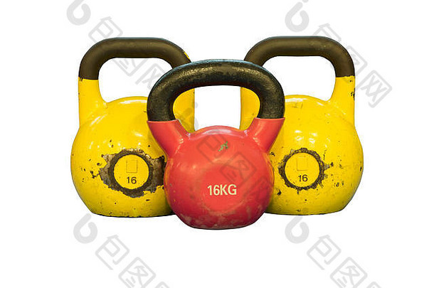 红色的黄色的壶铃孤立的白色背景锻炼设备