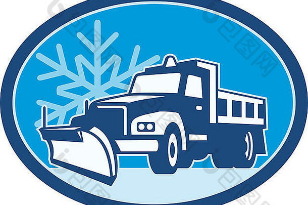 插图雪犁卡车耕作冬天雪片背景集内部圆复古的风格