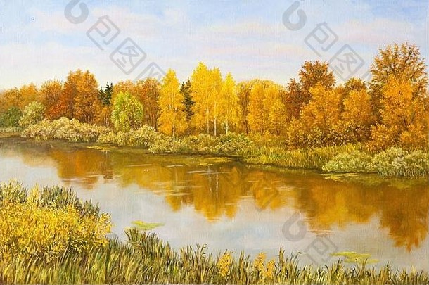 农村景观俄罗斯平静秋天河反射水多云的天空金橙色绿色草树海岸手画