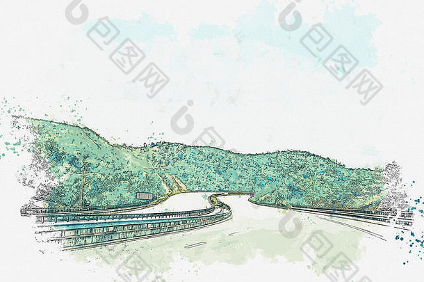 水彩草图插图沥青路葡萄牙北国家南