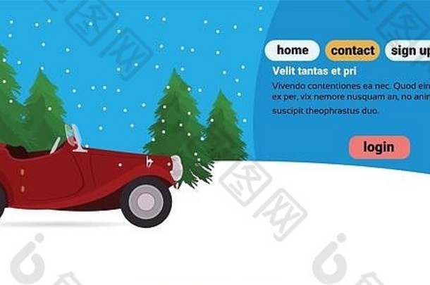 红色的复古的车快乐一年快乐圣诞节概念平冬天冷杉树景观复制空间水平