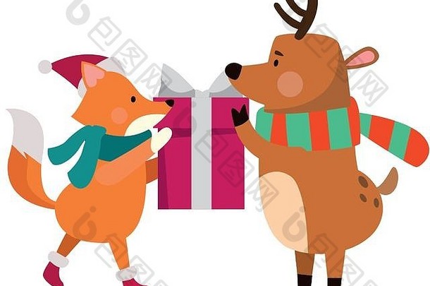 圣诞节狐狸鹿持有礼物盒子