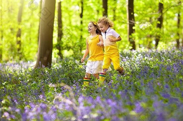 孩子们运行野风信子森林孩子们玩春天公园野生野风信子花男孩女孩园艺花园植物阳光明媚的一天朋友