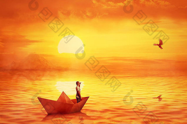轮廓孤独的男孩纸船航行失去了海洋橙色日落天空鸽子飞行找到海岸冒险