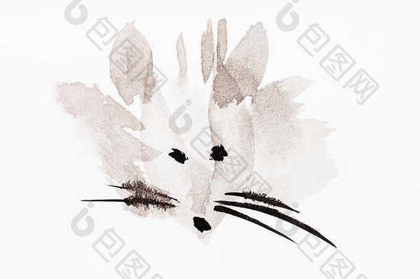 培训画澄江水波谷风格动物的鼻口鼠标的手绘黑色的水彩画白色纸