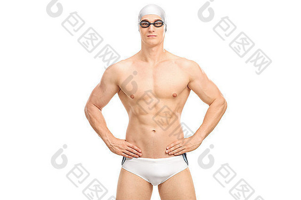 英俊的年轻的游泳运动员白色游泳树干黑色的游泳护目镜孤立的白色背景