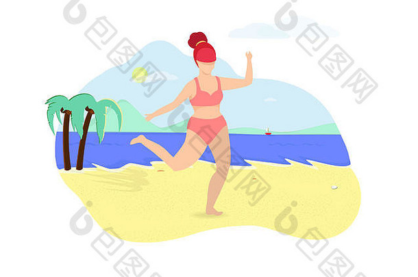 身体积极的运动有吸引力的超重女人姜头发穿着泳装跳舞夏天海滩海边背景手掌健康的