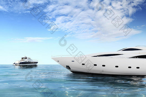 奢侈品私人电动机游艇热带海表面蓝色的天空云阳光空背景复制空间