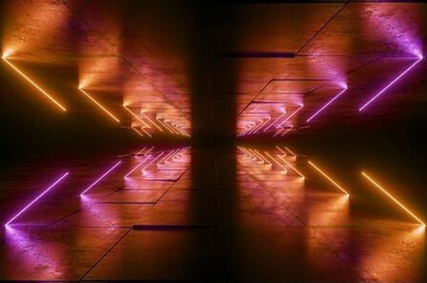 霓虹灯发光的sci发光的紫色的橙色未来主义的激光梁跳跃黑暗难看的东西混凝土平铺的地板上晚上阶段展厅车库仓库