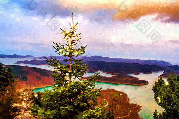 plastiras湖全景视图中央希腊数字油漆