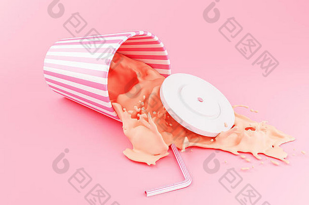 插图塑料快餐杯溅液体粉红色的背景