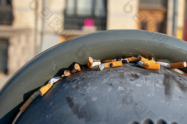 布鲁塞尔比利时6月特写镜头香烟树桩公共垃圾桶