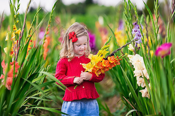 女孩持有剑兰花花束孩子挑选新鲜的花花园孩子们园艺秋天