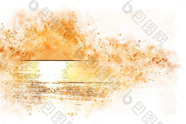 摘要色彩斑斓的软波水海洋<strong>日出</strong>水彩插图绘画背景