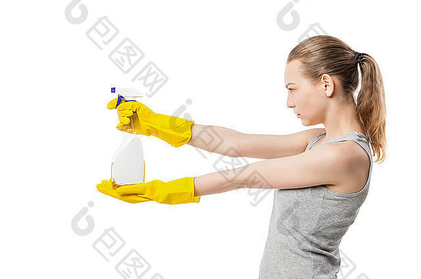 美丽的女人黄色的橡胶手套白色