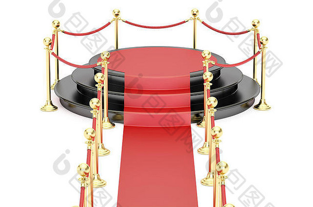 空黑色的讲台上红色的地毯障碍绳子呈现孤立的白色背景
