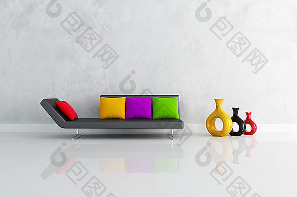 现代黑色的沙发上彩色的缓冲前面粉刷wall-rendering