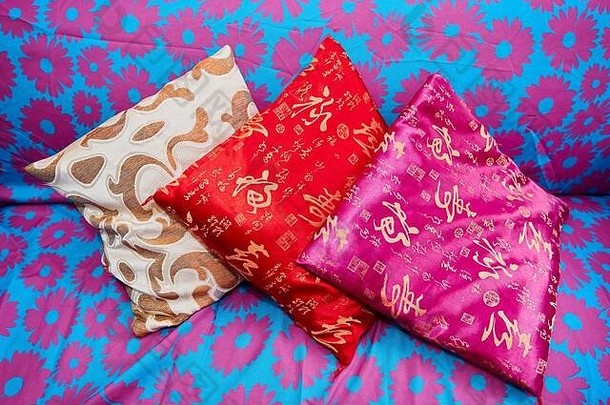 小大小色彩斑斓的亚洲枕头铺设沙发蓝色的彩色的粉红色的花模式