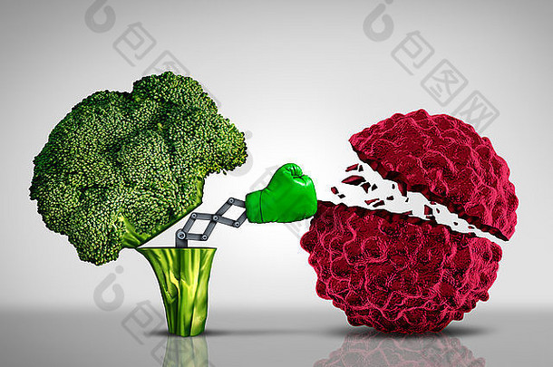 健康食物癌症战斗食物营养概念绿色拳击手套新兴开放西兰花蔬菜