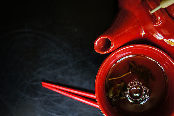 绿色茶集筷子茶能杯乡村木表格