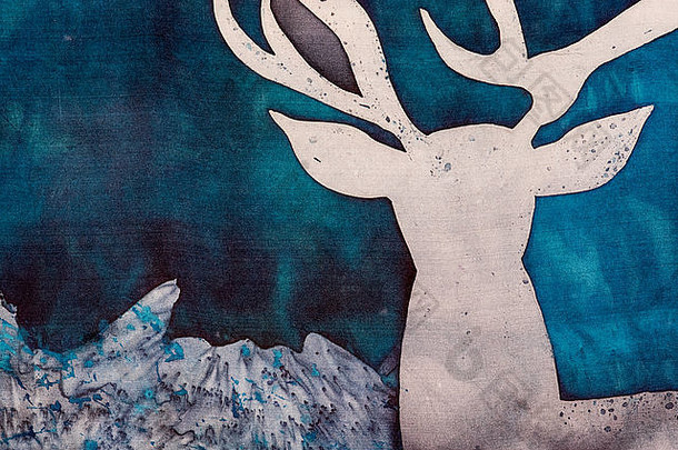 鹿神秘的山片段绿松石热蜡染背景纹理手工制作的丝绸摘要超现实主义艺术