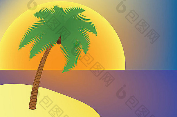 假期棕榈树岛日落插图