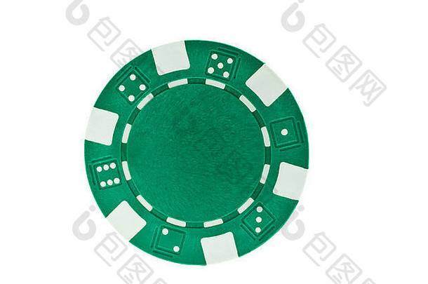 绿色扑克芯片孤立的白色背景特写镜头水平拍摄
