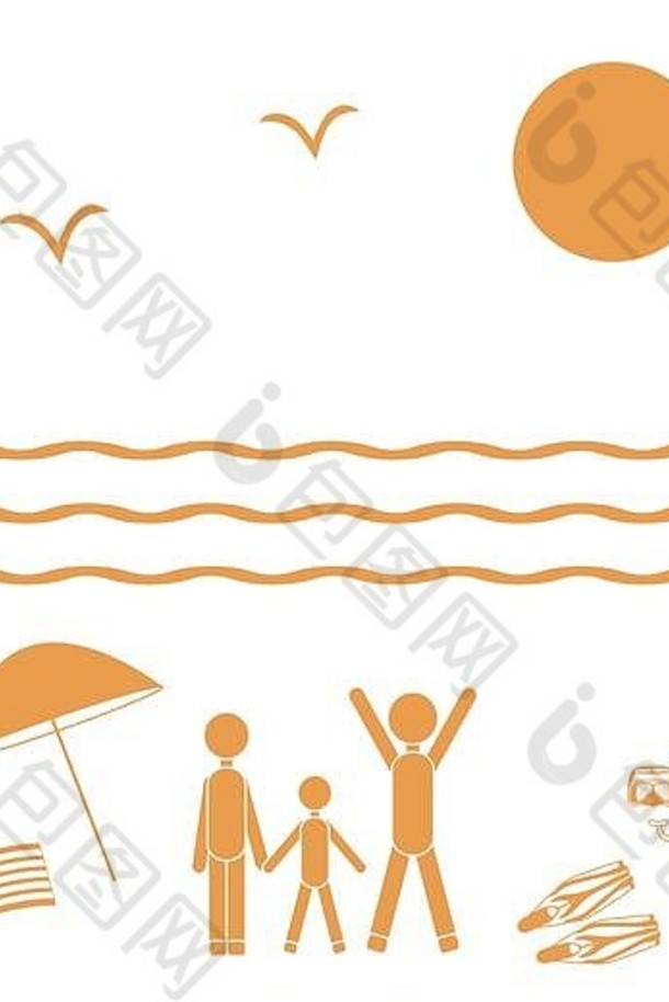 不错的图片家庭假期海太阳波海鸥海滩伞潜水设备白色背景