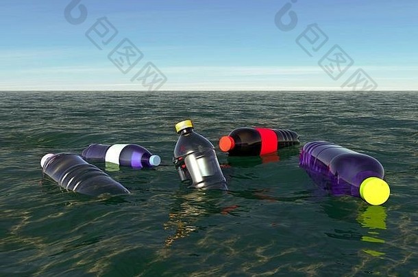 被污染的海垃圾塑料瓶浮动海浮动岛屿塑料污染塑料浪费渲染
