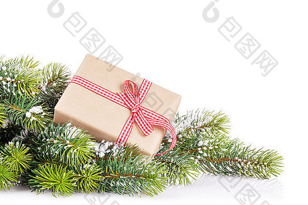 圣诞节树分支雪礼物盒子孤立的白色背景复制空间