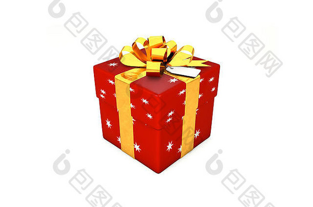 插图red-scarlet礼物盒子明星金金属丝带弓标签白色背景孤立的