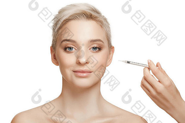人嘴唇<strong>美容</strong>塑料手术美概念美丽的年轻的女人脸手注射器使注射