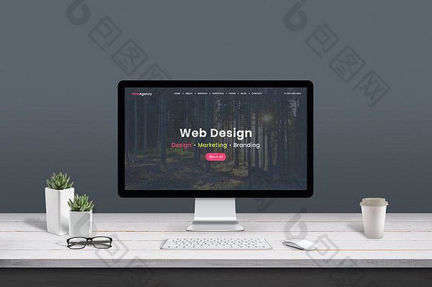 网络设计工作室概念工作桌子上电脑显示现代设计网络机构页面