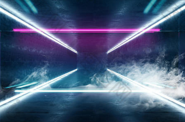 烟sci未来主义的外星人复古的虚拟现实霓虹灯发光的荧光紫色的蓝色的充满活力的行灯refelctive难看的东西混凝土光滑的房间