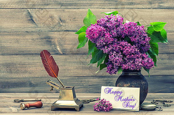 生活淡紫色花古董配件古董风格健美的照片样本文本快乐母亲的的一天!