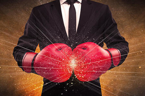 成功的强大的业务人红色的拳击手套概念说明权力行块下降前面爆炸