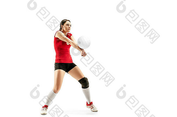 女专业排球球员孤立的白色球运动员锻炼行动体育运动健康的生活方式培训健身概念