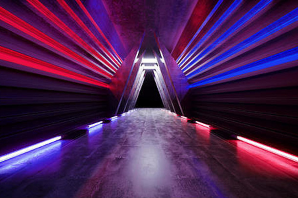 激光显示阶段霓虹灯复古的现代sci未来主义的优雅的未来混凝土走廊三角形形状黑暗空展示工作室房间车库走廊