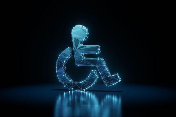 呈现线框数字电子霓虹灯发光的象征轮椅闪亮的点黑色的背景长途跋涉反射地板上