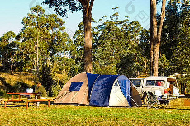 营网站大圆顶帐篷四轮开车车辆绿色草坪上树南部塔斯马尼亚澳大利亚
