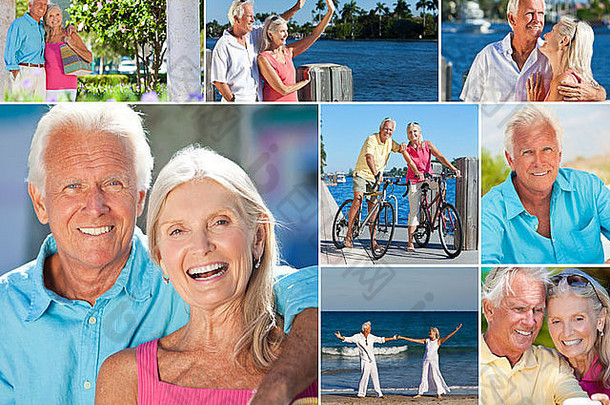 快乐退休高级男人。女人夫妇活跃的浪漫的假期骑自行车海滩夏天阳光